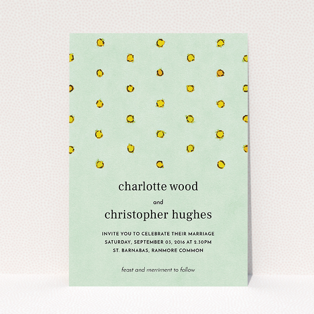 A personalised wedding invitation design named "Turquoise polkadots". It is an A5 invite in a portrait orientation. "Turquoise polkadots" is available as a flat invite, with tones of green and yellow.