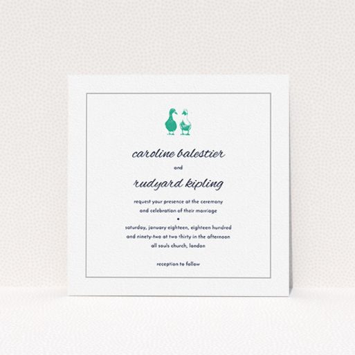 Wedding Invitation Card - Two Little Ducks (Grey) A personalised wedding invitation design called "Two little ducks". It is a square (148mm x 148mm) invite in a square orientation. "Two little ducks" is available as a flat invite, with tones of white and green.