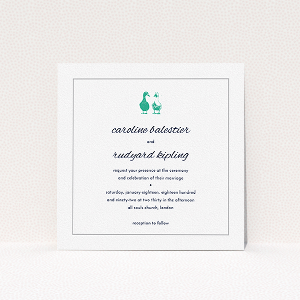 A personalised wedding invitation design called "Two little ducks". It is a square (148mm x 148mm) invite in a square orientation. "Two little ducks" is available as a flat invite, with tones of white and green.