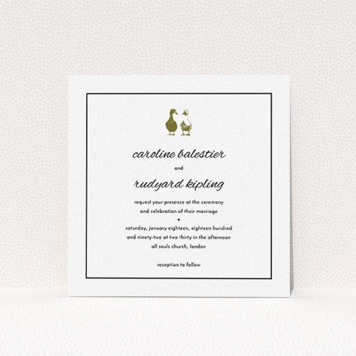 Personalised Wedding Invitation - Two Little Ducks (Black) A personalised wedding invitation named "Two little ducks". It is a square (148mm x 148mm) invite in a square orientation. "Two little ducks" is available as a flat invite, with tones of white and Gold.