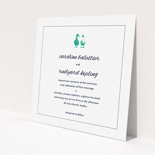 A personalised wedding invitation design called "Two little ducks". It is a square (148mm x 148mm) invite in a square orientation. "Two little ducks" is available as a flat invite, with tones of white and green.