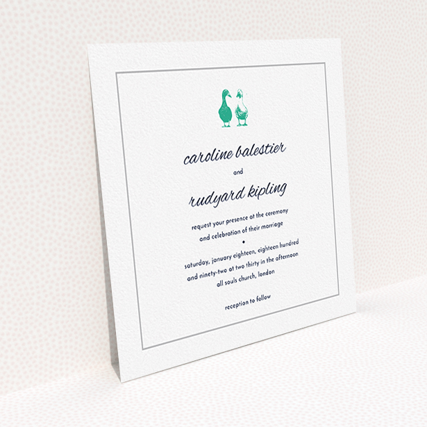 A personalised wedding invitation design called "Two little ducks". It is a square (148mm x 148mm) invite in a square orientation. "Two little ducks" is available as a flat invite, with tones of white and green.