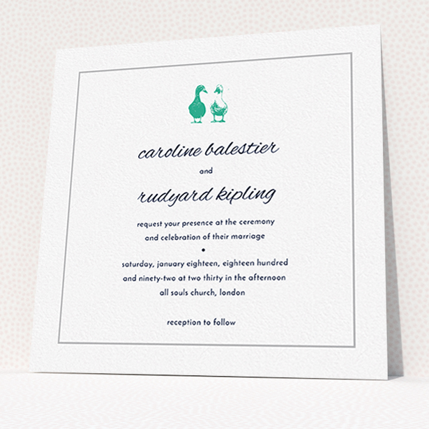 A personalised wedding invitation design called "Two little ducks". It is a square (148mm x 148mm) invite in a square orientation. "Two little ducks" is available as a flat invite, with tones of white and green.