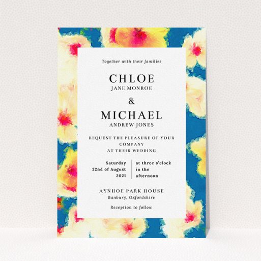 Personalised Wedding Invitation Design - "Water Garden" A personalised wedding invitation template titled "Water Garden". It is an A5 invite in a portrait orientation. "Water Garden" is available as a flat invite, with tones of orange, blue and yellow.