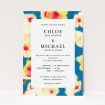 A personalised wedding invitation template titled "Water Garden". It is an A5 invite in a portrait orientation. "Water Garden" is available as a flat invite, with tones of orange, blue and yellow.