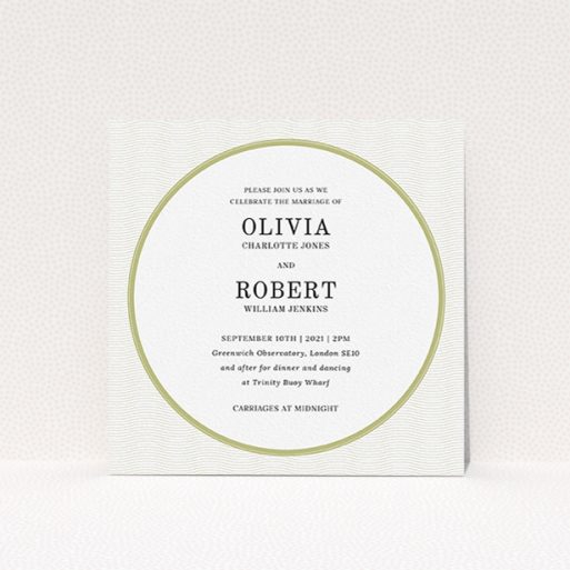 Personalised Wedding Invitation Design - "Wave Lines" A personalised wedding invitation called "Wave Lines". It is a square (148mm x 148mm) invite in a square orientation. "Wave Lines" is available as a flat invite, with tones of gold and white.