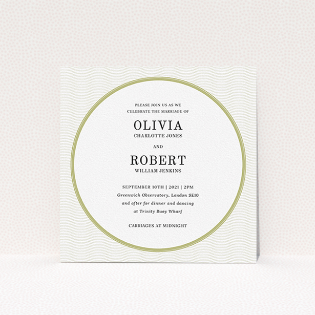 A personalised wedding invitation called "Wave Lines". It is a square (148mm x 148mm) invite in a square orientation. "Wave Lines" is available as a flat invite, with tones of gold and white.