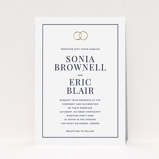 Wedding Invitation Card - Wedding Bands (Navy Blue) A personalised wedding invitation template titled "Wedding bands". It is an A5 invite in a portrait orientation. "Wedding bands" is available as a flat invite, with mainly white colouring.