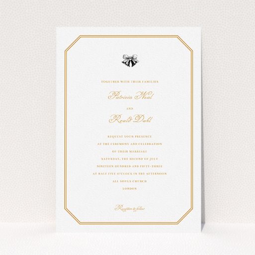 Personalised Wedding Invitation - Wedding Bells (Orange) A personalised wedding invitation named "Wedding bells". It is an A5 invite in a portrait orientation. "Wedding bells" is available as a flat invite, with tones of orange and white.