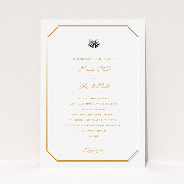 A personalised wedding invitation named "Wedding bells". It is an A5 invite in a portrait orientation. "Wedding bells" is available as a flat invite, with tones of orange and white.