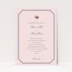 A personalised wedding invitation design named "Wedding bells". It is an A5 invite in a portrait orientation. "Wedding bells" is available as a flat invite, with mainly pink colouring.
