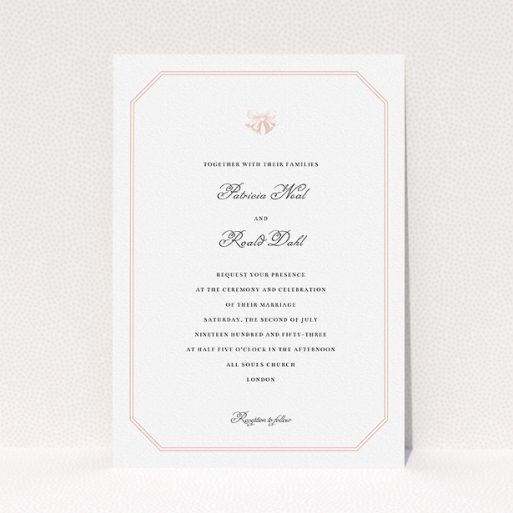Wedding Invitation Card - Wedding Bells (Pink And White) A personalised wedding invitation template titled "Wedding bells". It is an A5 invite in a portrait orientation. "Wedding bells" is available as a flat invite, with tones of pink and white.