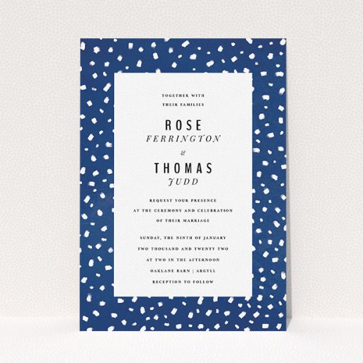Personalised Wedding Invitation Design - "White dots" A personalised wedding invitation design called "White dots". It is an A5 invite in a portrait orientation. "White dots" is available as a flat invite, with tones of blue and white.