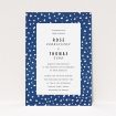 A personalised wedding invitation design called "White dots". It is an A5 invite in a portrait orientation. "White dots" is available as a flat invite, with tones of blue and white.