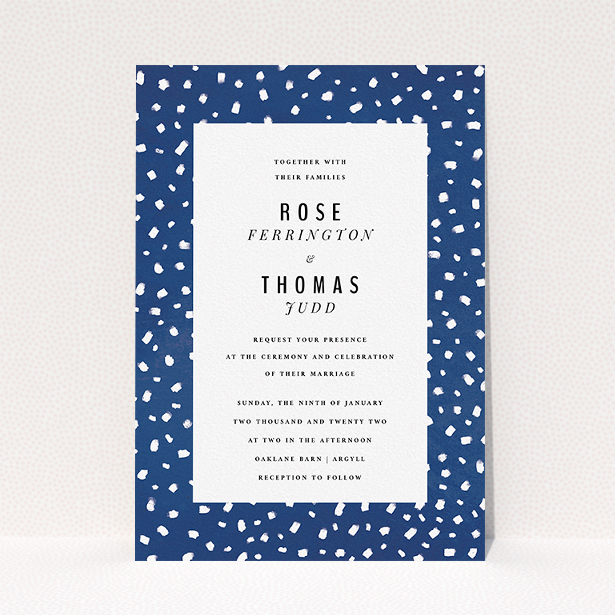 A personalised wedding invitation design called "White dots". It is an A5 invite in a portrait orientation. "White dots" is available as a flat invite, with tones of blue and white.