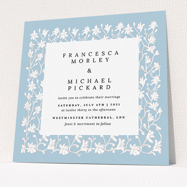 A personalised wedding invitation design named "White Ivy". It is a square (148mm x 148mm) invite in a square orientation. "White Ivy" is available as a flat invite, with tones of blue and white.