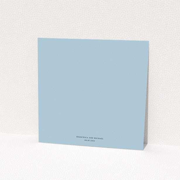 A personalised wedding invitation design named "White Ivy". It is a square (148mm x 148mm) invite in a square orientation. "White Ivy" is available as a flat invite, with tones of blue and white.