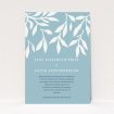 A personalised wedding invitation called "Winter bloom". It is an A5 invite in a portrait orientation. "Winter bloom" is available as a flat invite, with tones of blue and white.