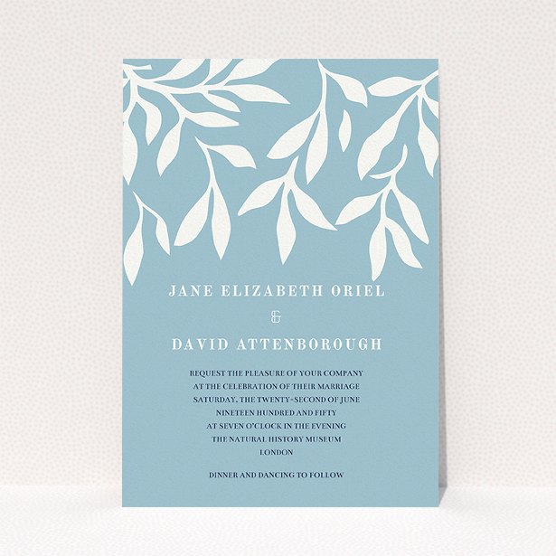 A personalised wedding invitation called "Winter bloom". It is an A5 invite in a portrait orientation. "Winter bloom" is available as a flat invite, with tones of blue and white.