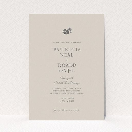 Personalised Wedding Invitation Design - "Woodland dusk" A personalised wedding invitation design called "Woodland dusk". It is an A5 invite in a portrait orientation. "Woodland dusk" is available as a flat invite, with mainly dark cream colouring.