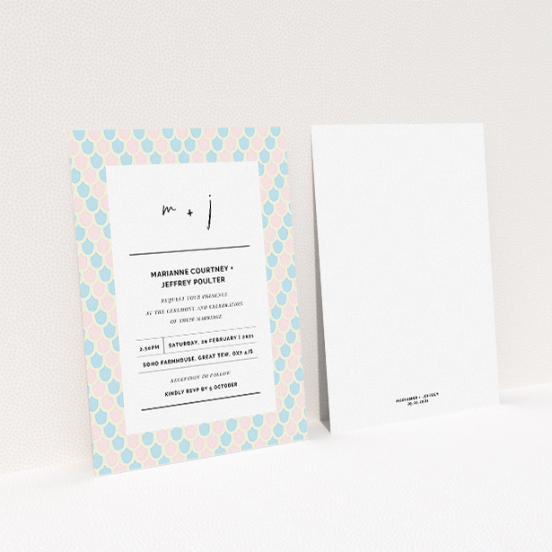 A personalised wedding invitation named "Worn Tiles". It is an A5 invite in a portrait orientation. "Worn Tiles" is available as a flat invite, with tones of pink, blue and cream.