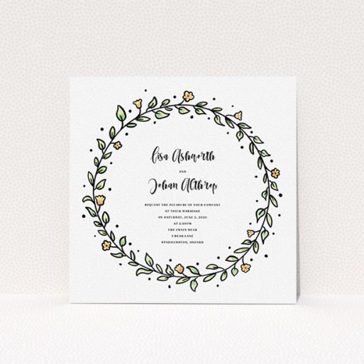 Personalised Wedding Invitation Design - "Wreath Outline" A personalised wedding invitation named "Wreath Outline". It is a square (148mm x 148mm) invite in a square orientation. "Wreath Outline" is available as a flat invite, with tones of light green and orange.