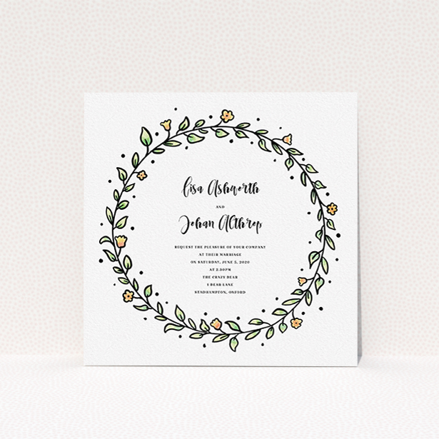 A personalised wedding invitation named "Wreath Outline". It is a square (148mm x 148mm) invite in a square orientation. "Wreath Outline" is available as a flat invite, with tones of light green and orange.