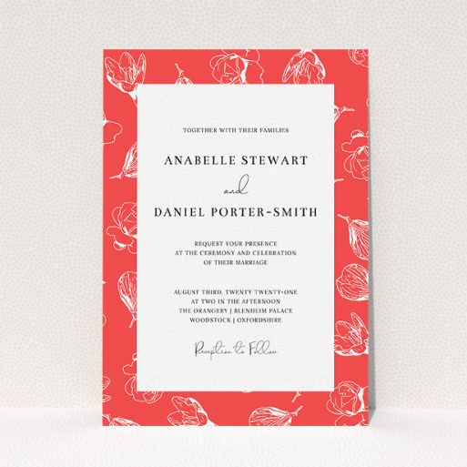 Personalised Wedding Invitation Design - "Young Bloom" A personalised wedding invitation called "Young Bloom". It is an A5 invite in a portrait orientation. "Young Bloom" is available as a flat invite, with tones of red and white.