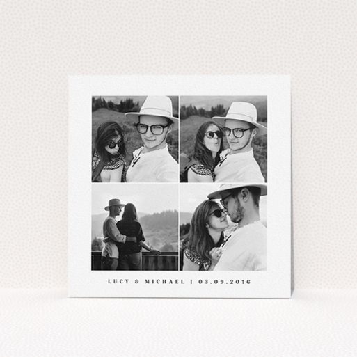 Personalised Wedding Invite Design - "4 Quarters Classic" A personalised wedding invite design named "4 Quarters Classic". It is a square (148mm x 148mm) invite in a square orientation. It is a photographic personalised wedding invite with room for 4 photos. "4 Quarters Classic" is available as a flat invite, with mainly white colouring.