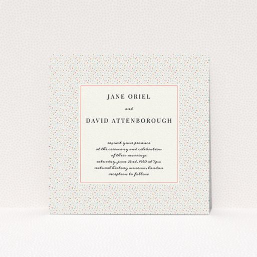 Personalised Wedding Invite Design - "A hint of confetti" A personalised wedding invite named "A hint of confetti". It is a square (148mm x 148mm) invite in a square orientation. "A hint of confetti" is available as a flat invite, with tones of cream and red.