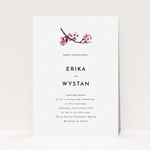 Personalised Wedding Invite Design - "A side of Blossom" A personalised wedding invite design named "A side of Blossom". It is an A5 invite in a portrait orientation. "A side of Blossom" is available as a flat invite, with mainly white colouring.