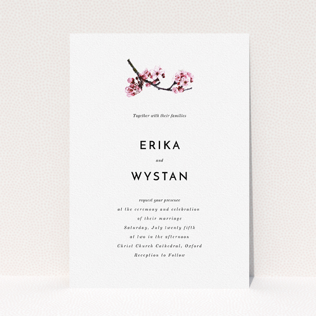 A personalised wedding invite design named "A side of Blossom". It is an A5 invite in a portrait orientation. "A side of Blossom" is available as a flat invite, with mainly white colouring.