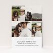 A personalised wedding invite design titled "All on top". It is an A5 invite in a portrait orientation. It is a photographic personalised wedding invite with room for 4 photos. "All on top" is available as a flat invite, with mainly white colouring.