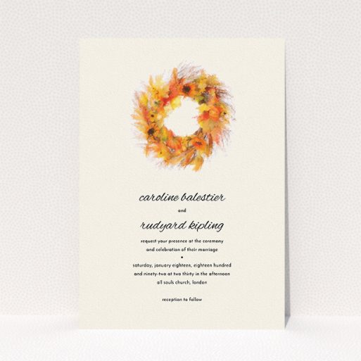 Personalised Wedding Invite Design - "Autumn wreath " A personalised wedding invite design named "Autumn wreath ". It is an A5 invite in a portrait orientation. "Autumn wreath " is available as a flat invite, with tones of orange and cream.