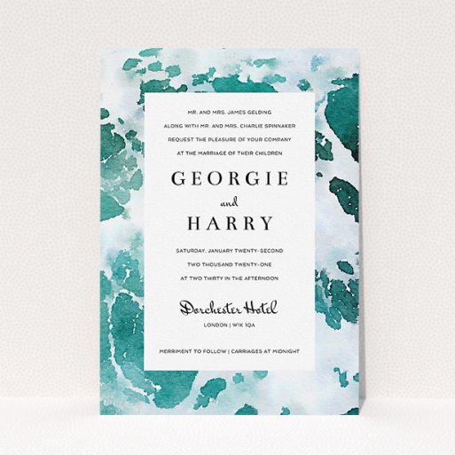 Personalised Wedding Invite Design - "Awash" A personalised wedding invite design titled "Awash". It is an A5 invite in a portrait orientation. "Awash" is available as a flat invite, with tones of green, blue and light blue.
