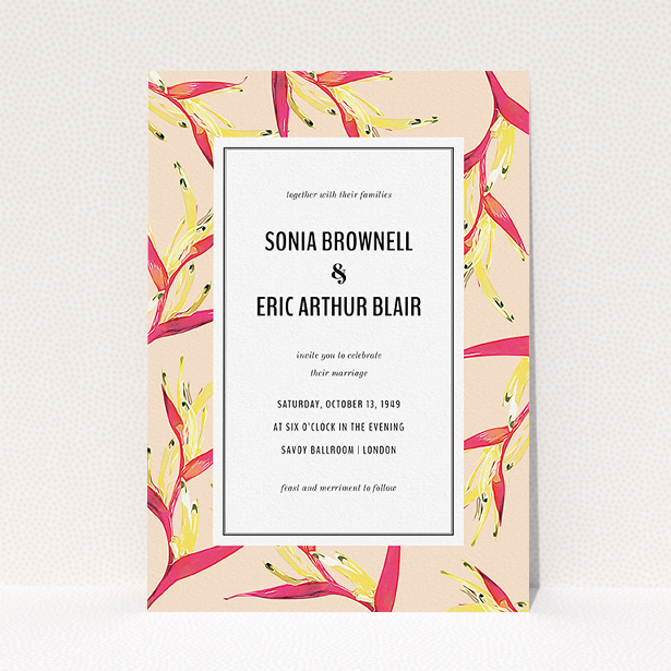 A personalised wedding invite called "Birds of paradise". It is an A5 invite in a portrait orientation. "Birds of paradise" is available as a flat invite, with tones of peach and deep pink.