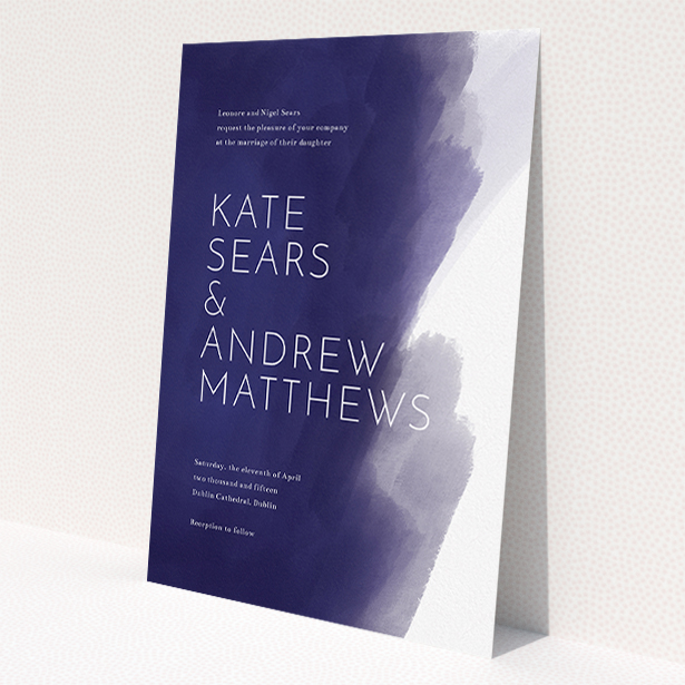 A personalised wedding invite design titled "Blue and Cream". It is an A5 invite in a portrait orientation. "Blue and Cream" is available as a flat invite, with tones of blue and white.