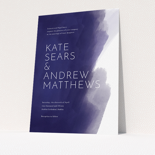 A personalised wedding invite design titled "Blue and Cream". It is an A5 invite in a portrait orientation. "Blue and Cream" is available as a flat invite, with tones of blue and white.