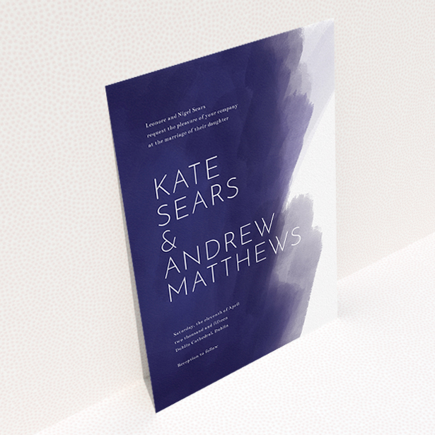 A personalised wedding invite design titled "Blue and Cream". It is an A5 invite in a portrait orientation. "Blue and Cream" is available as a flat invite, with tones of blue and white.