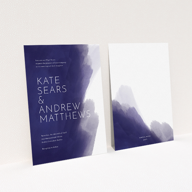 A personalised wedding invite design titled "Blue and Cream". It is an A5 invite in a portrait orientation. "Blue and Cream" is available as a flat invite, with tones of blue and white.