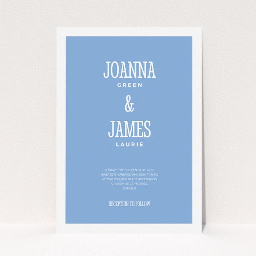 Wedding Invitation Card - Bold Border (Middle Blue) A personalised wedding invite design called "Bold border". It is an A5 invite in a portrait orientation. "Bold border" is available as a flat invite, with tones of blue and white.