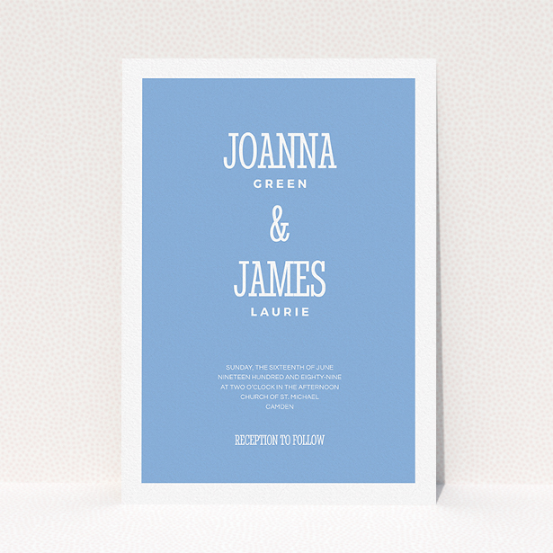A personalised wedding invite design called "Bold border". It is an A5 invite in a portrait orientation. "Bold border" is available as a flat invite, with tones of blue and white.