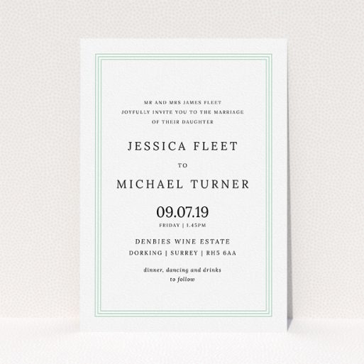 Personalised Wedding Invite Design - "Border in Three" A personalised wedding invite template titled "Border in Three". It is an A5 invite in a portrait orientation. "Border in Three" is available as a flat invite, with mainly blue colouring.