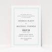 A personalised wedding invite template titled "Border in Three". It is an A5 invite in a portrait orientation. "Border in Three" is available as a flat invite, with mainly blue colouring.