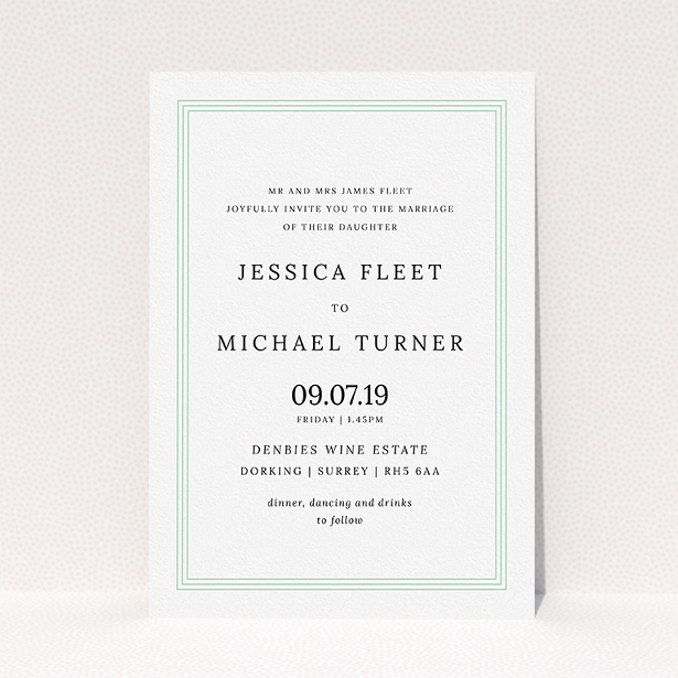 A personalised wedding invite template titled "Border in Three". It is an A5 invite in a portrait orientation. "Border in Three" is available as a flat invite, with mainly blue colouring.