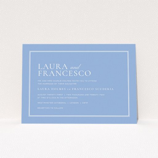 Personalised Wedding Invite Design - "Ceramic" A personalised wedding invite design named "Ceramic". It is an A5 invite in a landscape orientation. "Ceramic" is available as a flat invite, with tones of blue and white.
