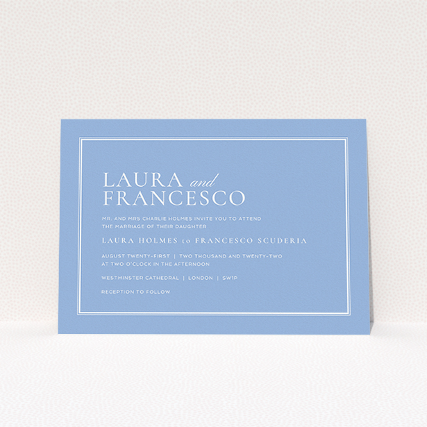 A personalised wedding invite design named "Ceramic". It is an A5 invite in a landscape orientation. "Ceramic" is available as a flat invite, with tones of blue and white.