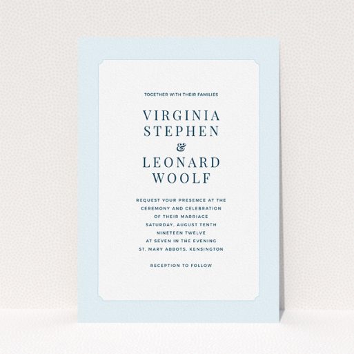 Personalised Wedding Invitation - Classic Face (Light Blue) A personalised wedding invite design titled "Classic face". It is an A5 invite in a portrait orientation. "Classic face" is available as a flat invite, with tones of blue and white.