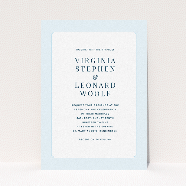 A personalised wedding invite design titled "Classic face". It is an A5 invite in a portrait orientation. "Classic face" is available as a flat invite, with tones of blue and white.