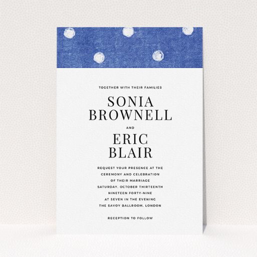 Personalised Wedding Invite Design - "Cloth polkadots" A personalised wedding invite design called "Cloth polkadots". It is an A5 invite in a portrait orientation. "Cloth polkadots" is available as a flat invite, with tones of blue and white.